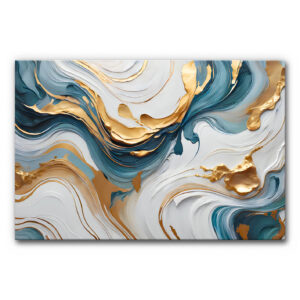 Akustikbild mit fließenden Goldstrukturen in abstraktem Design mit geschwungenen Linien in Gold, Petrol, Blau, Weiß und Creme für moderne Wandgestaltung und verbesserte Raumakustik.