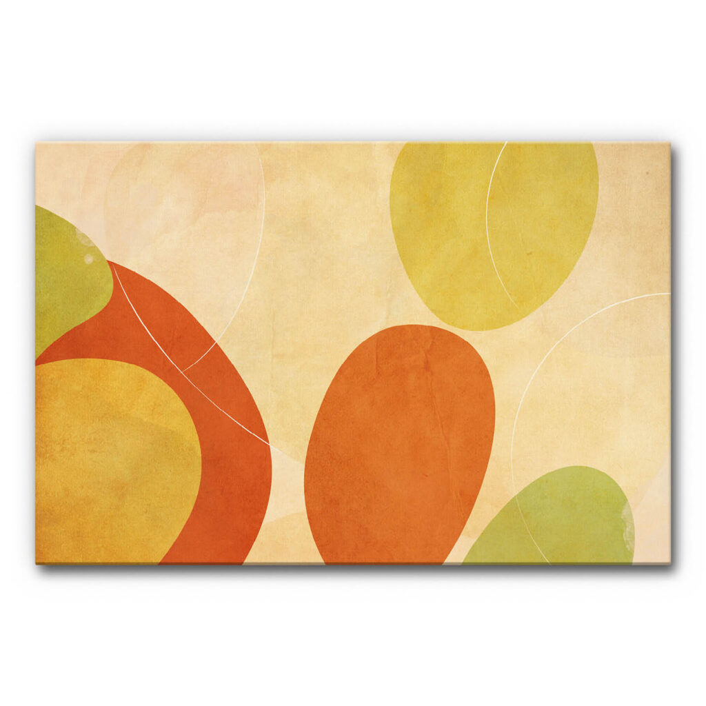 Aquarell Schallabsorberbild mit organischen Formen, abstrakten Kreisen und Bögen in Orange, Gelb, Ocker und Grün auf einem warmen beigefarbenen Grund.