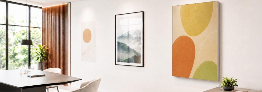 Ansicht eines Raumes mit Tisch und 3 verschiedenen Bildern an der Wand: 1) Poster, 2) Bild im Glasrahmen, 3) Akustikbild.