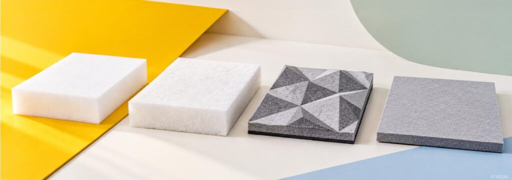 Nebeneinander liegen Basotect, Caruso Isobond, Recytex Formshape und Defelt Akustikpaneel