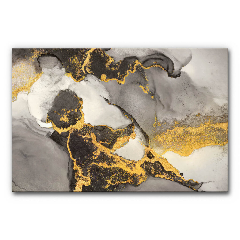 Akustikbild Goldene Tänzer 2 - Abstraktes Bild mit Marmor-Optik in Grau- und Weißtönen