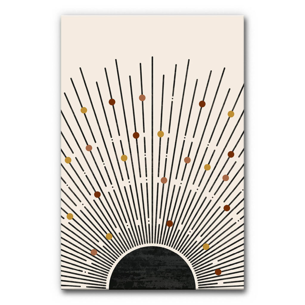 Schallminderndes Wandbild mit abstrakter Sonnenform, schwarzer Kreis mit strahlenförmigen Linien und Punkten in Ocker- und Brauntönen auf hellem Hintergrund, modernes Akustikbild.