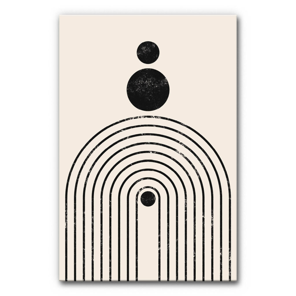 Design Akustikbild minimalistische Geometrie mit vertikal angeordneten schwarzen Kreis- und Halbkreisformen auf hellem, beigem Hintergrund, schallminderndes Wandbild.