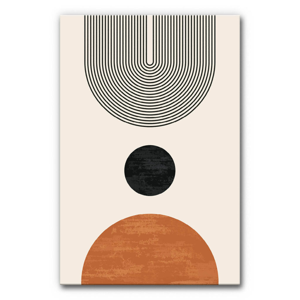 Design Akustikbild mit geometrischen Formen, bestehend aus Linienbögen und Kreisformen in Schwarz und Terrakotta auf hellem Hintergrund, modernes schallminderndes Wandbild.