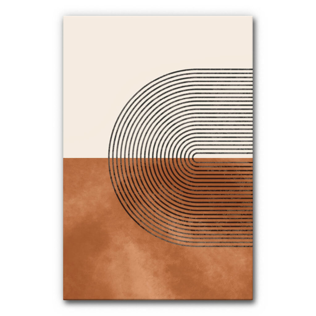 Akustikbild abstrakte Kreise und Linien mit schwarzen Linien und runden Formen in Beige und Terrakotta, modernes schallminderndes Wandbild für zeitgemäße Raumgestaltung.