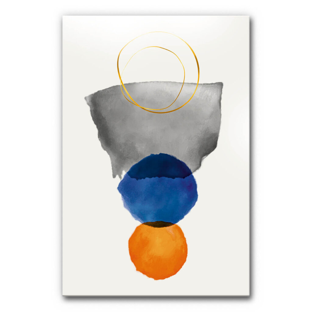 Schalldämmendes Wandbild abstrakte Kunst zeigt eine gemalte, minimalistische Komposition aus weich verlaufenden Flächen mit übereinander liegenden Formen und zwei feinen, goldenen Kreislinien im oberen Bildbereich.