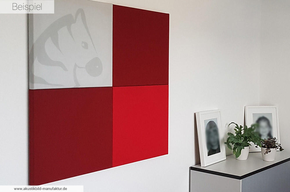 Akustikbild mit Logodruck Zebra in Kombination mit Hot Red und Ziegelrot