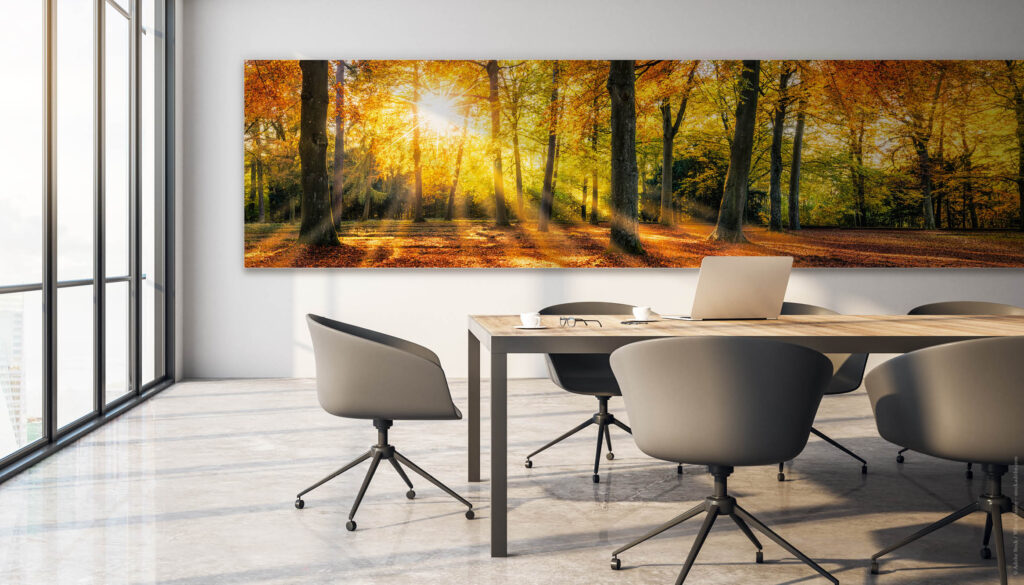 Großformatiges Akustikbild in einem Besprechungsraum mit viel Glas
