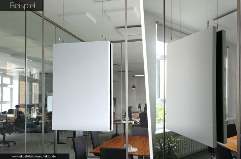 Schallabsorbierende Bilder vor Glaswand im Meeting-Raum