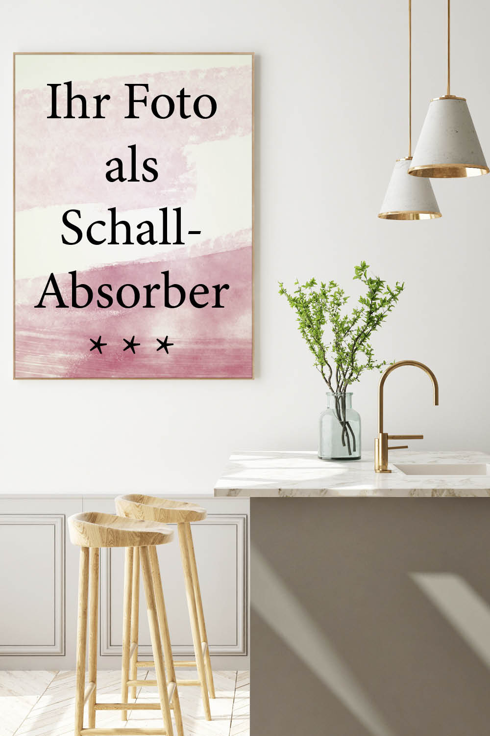 Ansicht eines schallschluckenden Wandbildes neben der Kücheninsel