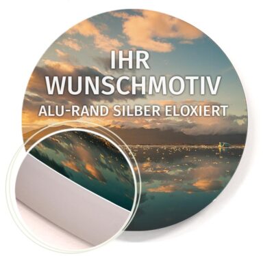 Rundes Akustikbild mit eigenem Foto oder Logo und silber eloxiertem Rahmen