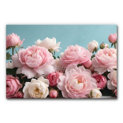 Akustikbild florale Wandgestaltung Blooming Grace mit rosa und weißen Rosen, feinen Blüten und zarten Blättern vor einem hellblauen Hintergrund.