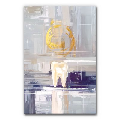 Akustikbild Der Zahn zeigt einen hell leuchtenden Zahn in der Mitte unten, eingebettet in eine Komposition aus pastellgrauen, weißen und dunkellila Pinselstrichen, die durch feine weiße Gitterlinien und einen dominanten, goldenen Ring im oberen Bereich akzentuiert wird.