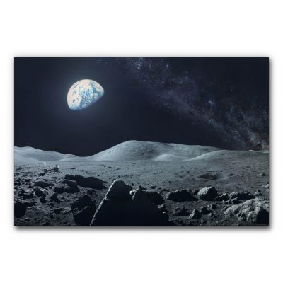 Akustikbild Rover zeigt einen Lunar Roving Vehicle auf der Oberfläche des Mondes mit der Erde am Himmel.