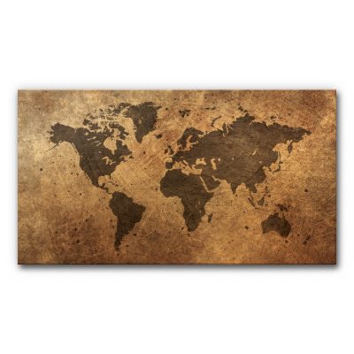 Akustikbild Weltkarte Schwarz auf Kupfer präsentiert eine stilisierte Weltkarte in dunklen Tönen auf einem strukturierten Hintergrund in warmer Kupferoptik, der durch seine feinen Kratzspuren eine moderne Vintage-Ästhetik vermittelt.