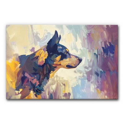 Schallminderndes Wandbild Hund Kunst mit gemaltem Hund im Profil, dargestellt in abstraktem Stil mit Blau-, Gelb- und Violetttönen auf hellem Hintergrund.