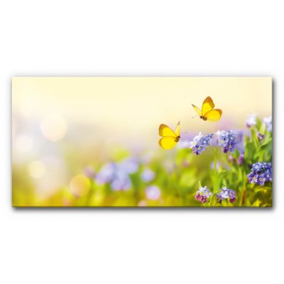 Design-Akustikbild Falterliebe Blütenmotiv mit zwei gelben Schmetterlingen über violetten Blumen und grünem Hintergrund, helle freundliche Naturaufnahme.