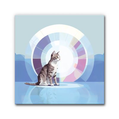 Akustikbild Halo Cat zeigt eine sitzende Katze auf spiegelndem Boden, hinter der ein farbiger Halo aus grafischen Segmenten vor einer abstrakten Hügellandschaft erscheint.