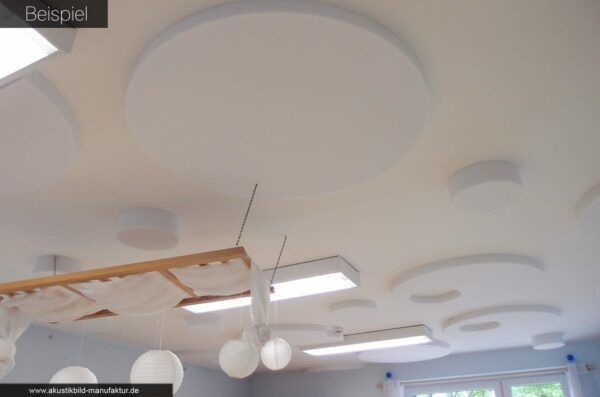 kita-cafeteria-essensraum-vorschule-raumakustik-verbessern-hall-lautstaerke-verringern Absorberkreise (runde Absorberplatten) in einer Kita