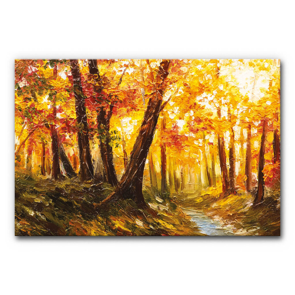 Natur Akustikbild Herbstfarben Malerei mit gemaltem Waldmotiv, leuchtendem Herbstlaub in Gelb, Orange und Rot, sichtbare Pinselstruktur, schallminderndes Wandbild zur Raumakustik.