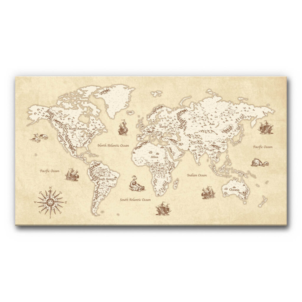 Akustikbild Weltkarte Antil-Look - eine antik stilisierte Weltkarte mit Segelschiffen und Seeungeheuern.